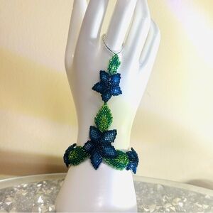 New Handmade Beaded Floral Bracelet /Ring Combo with Green and Blue Accents